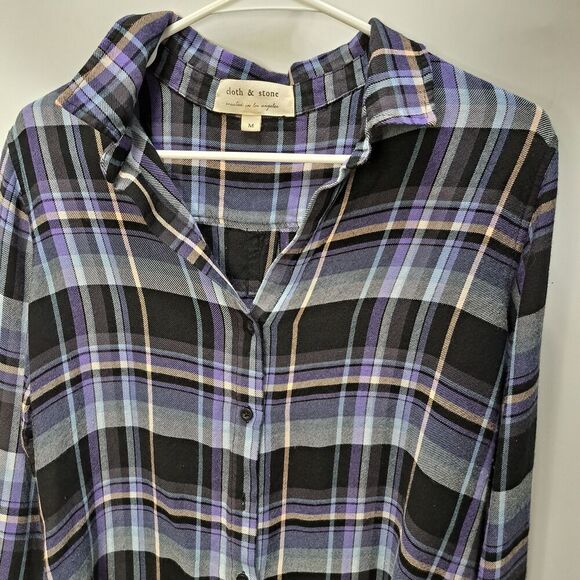 Cloth & Stone Womens Blue Plaid Striped Button Up Shirt w/Fringe Hem Medium - Picture 3 of 6